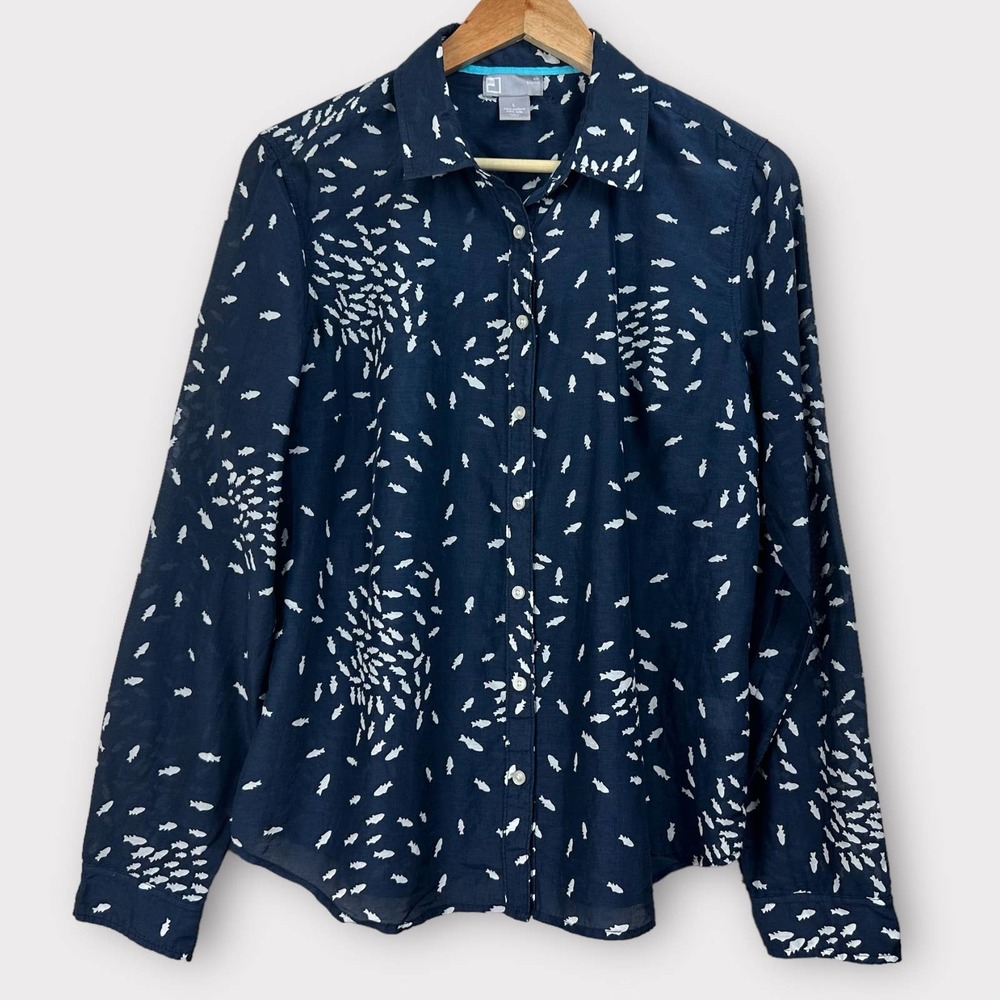 JCPenney Blouse Fish Print Button Down Long Sleeve Silk Cotton Blue White Large